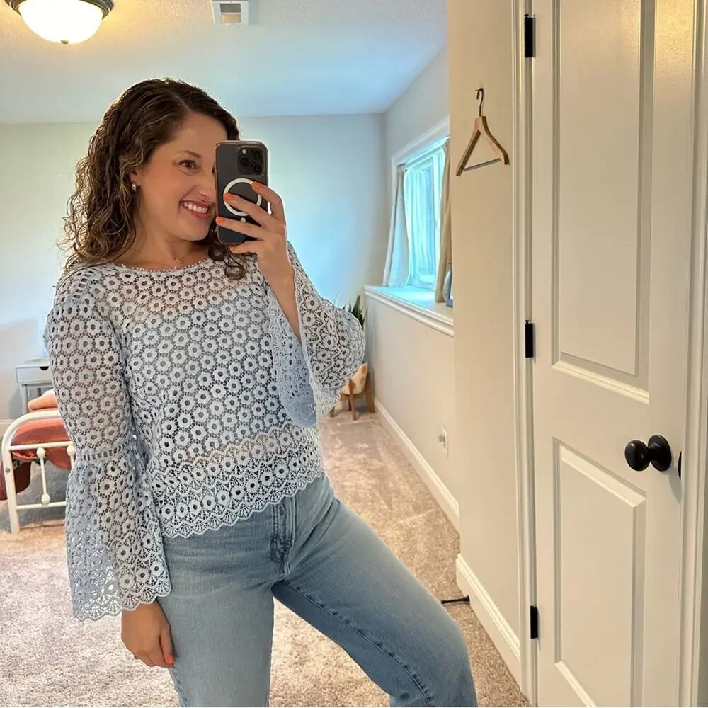 J. Crew Blue Floral Lace Flare Sleeve Blouse Top 6